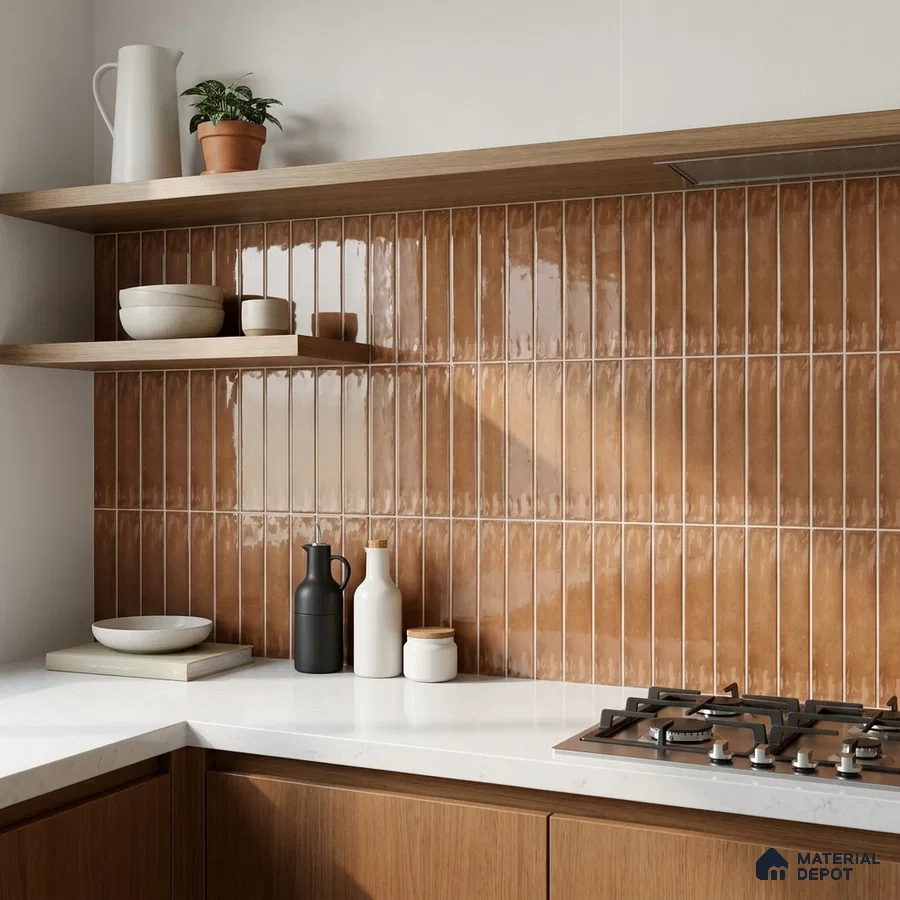 Modern Kitchen with Terracotta Brown Glossy Stacked Backsplash Tile and Walnut Cabinets