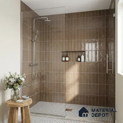Modern Bathroom with Warm Brown Glossy Stacked Shower Tile and Mosaic Floor