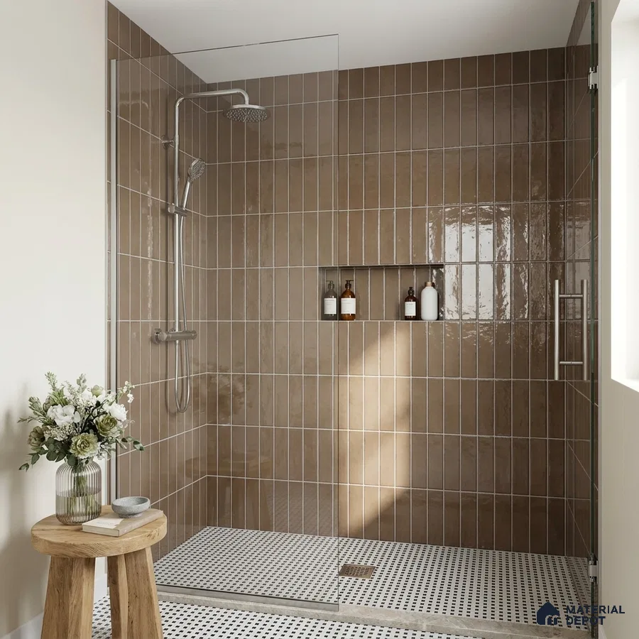Modern Bathroom with Warm Brown Glossy Stacked Shower Tile and Mosaic Floor