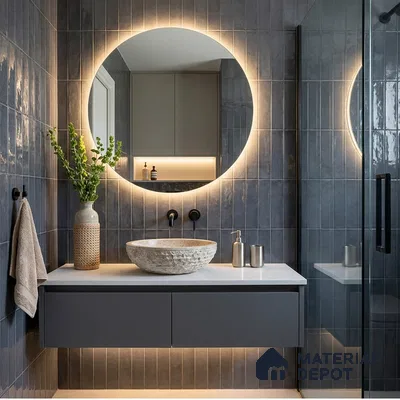 Modern Bathroom with Slate Grey Glossy Stacked Tile and Stone Vessel Basin