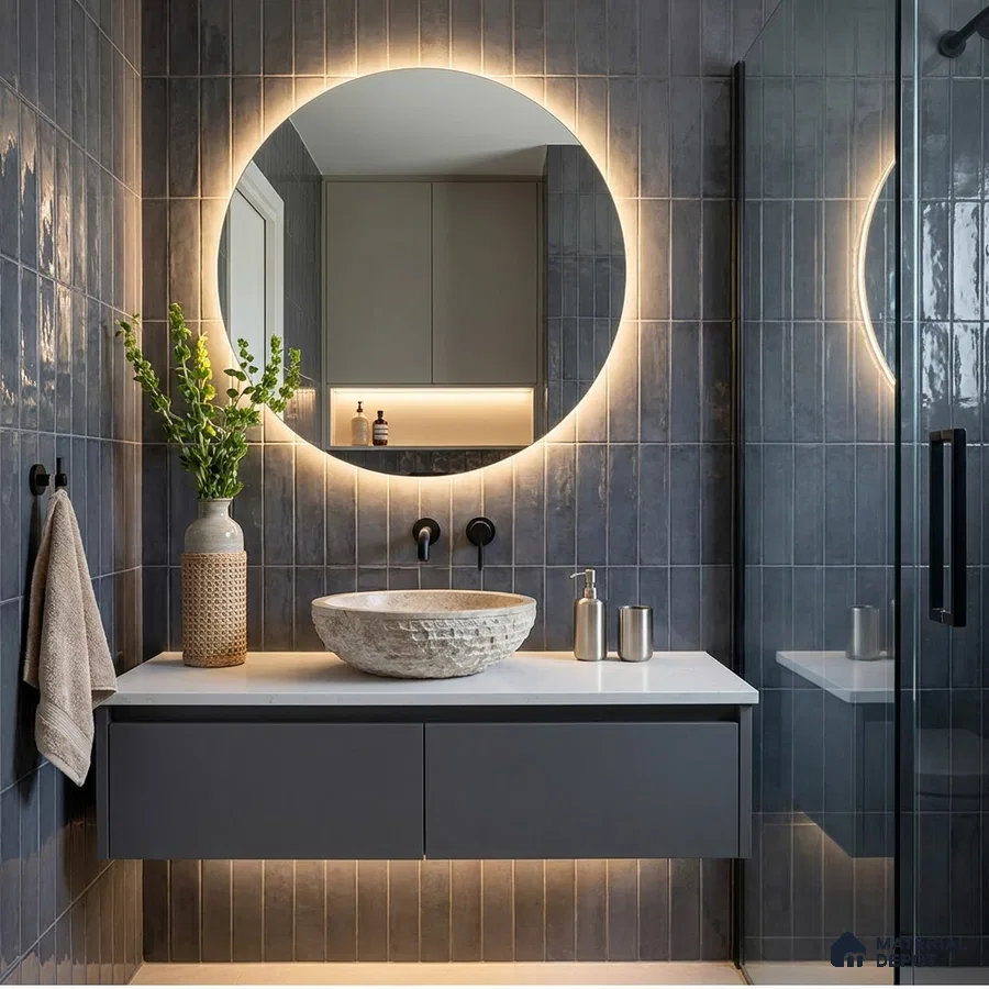 Modern Bathroom with Slate Grey Glossy Stacked Tile and Stone Vessel Basin