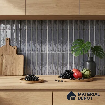 Modern Kitchen with Charcoal Grey Glossy Stacked Backsplash Tile and Oak Cabinets