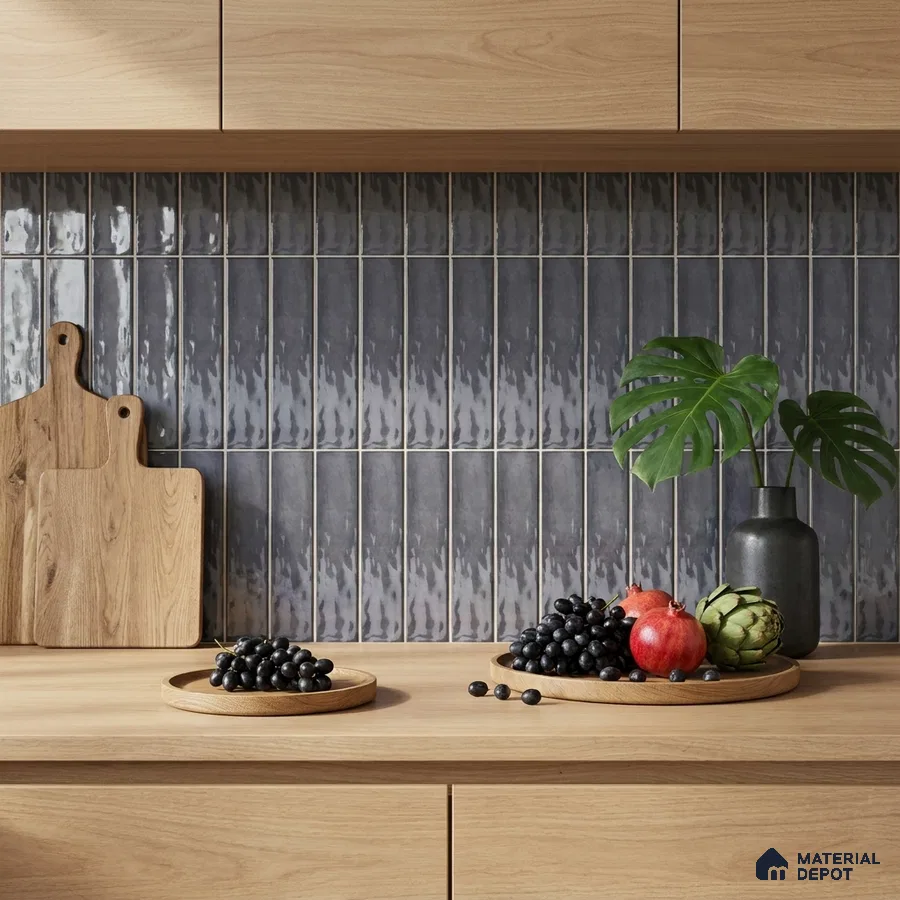 Modern Kitchen with Charcoal Grey Glossy Stacked Backsplash Tile and Oak Cabinets