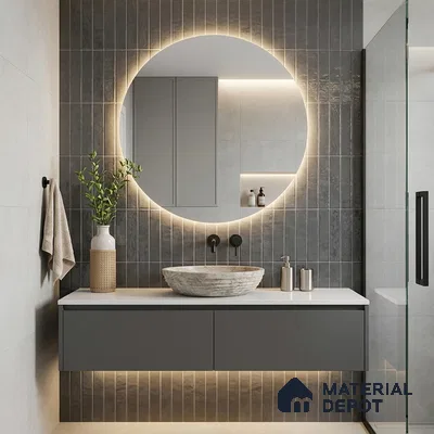 Modern Bathroom with Slate Blue Grey Glossy Stacked Tile and Stone Vessel Basin