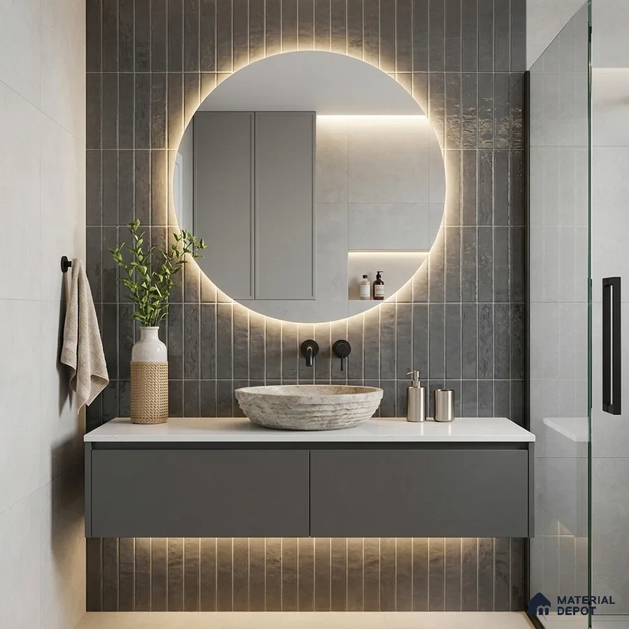 Modern Bathroom with Slate Blue Grey Glossy Stacked Tile and Stone Vessel Basin