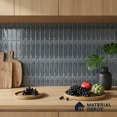 Modern Kitchen with Slate Blue Grey Glossy Stacked Backsplash Tile and Oak Cabinets