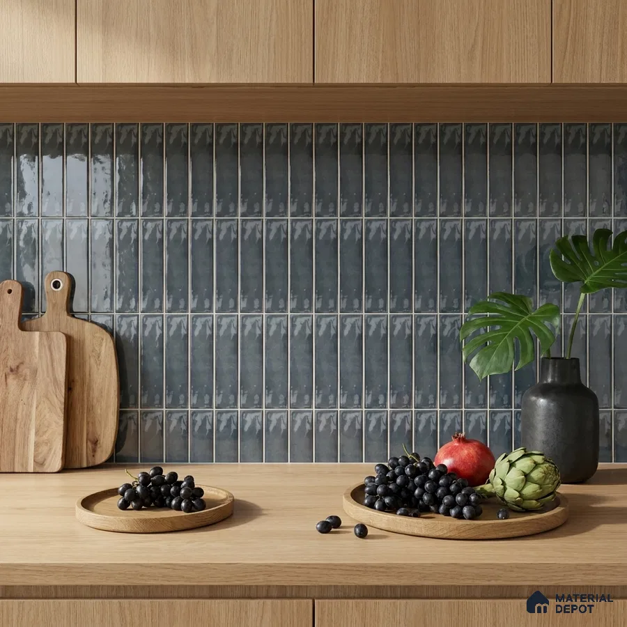 Modern Kitchen with Slate Blue Grey Glossy Stacked Backsplash Tile and Oak Cabinets