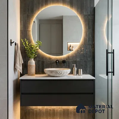 Modern Bathroom with Dark Green Metallic Glossy Stacked Tile and Stone Vessel Basin