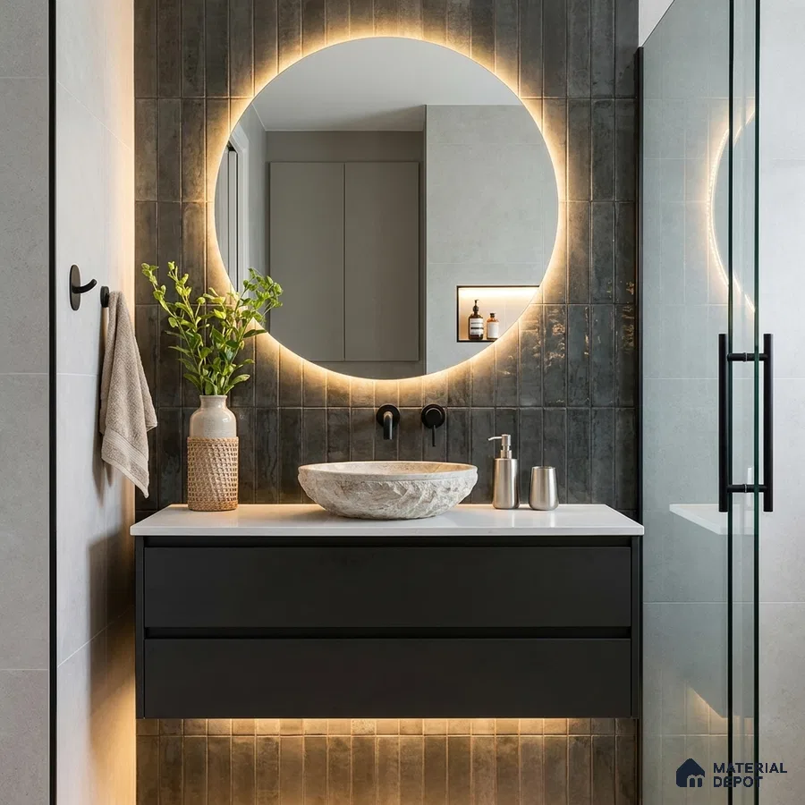 Modern Bathroom with Dark Green Metallic Glossy Stacked Tile and Stone Vessel Basin