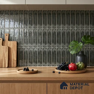Modern Kitchen with Forest Green Glossy Stacked Backsplash Tile and Oak Cabinets