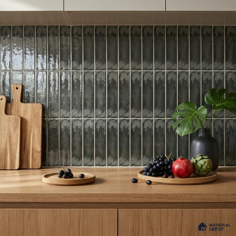 Modern Kitchen with Forest Green Glossy Stacked Backsplash Tile and Oak Cabinets