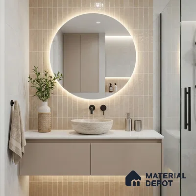 Modern Bathroom with Warm Beige Glossy Stacked Tile and Stone Vessel Basin
