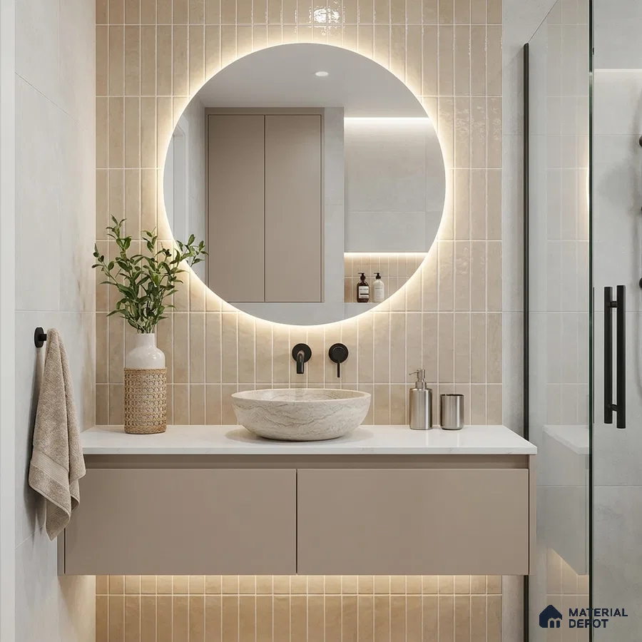 Modern Bathroom with Warm Beige Glossy Stacked Tile and Stone Vessel Basin