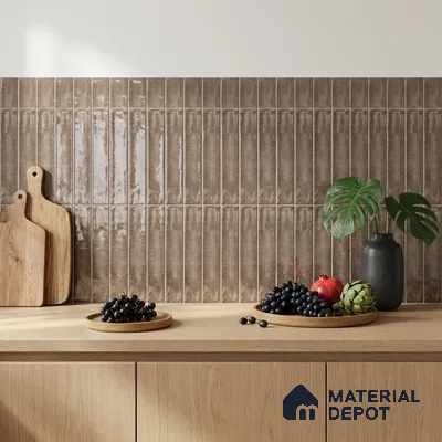 Modern Kitchen with Greige Brown Glossy Stacked Backsplash Tile and Oak Cabinets