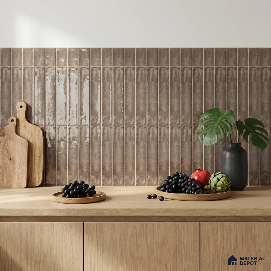 Modern Kitchen with Greige Brown Glossy Stacked Backsplash Tile and Oak Cabinets
