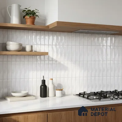 Modern Kitchen with Frosty White Glossy Stacked Backsplash Tile and Walnut Cabinets