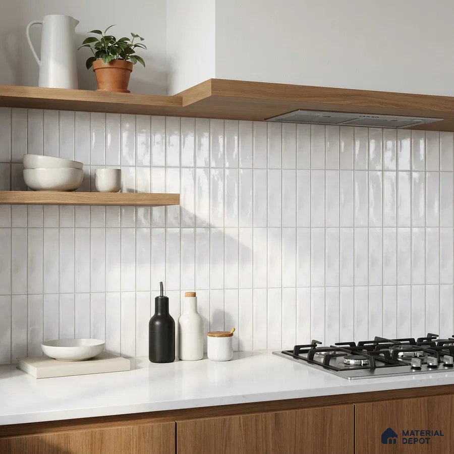Modern Kitchen with Frosty White Glossy Stacked Backsplash Tile and Walnut Cabinets