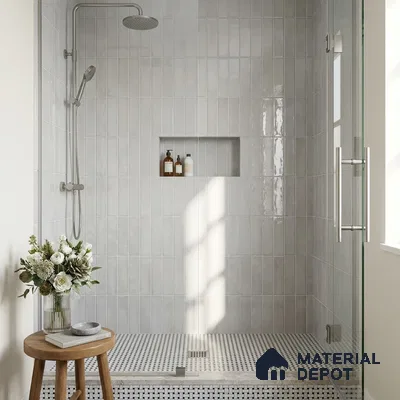 Modern Bathroom with Soft Grey Glossy Stacked Shower Tile and Mosaic Floor