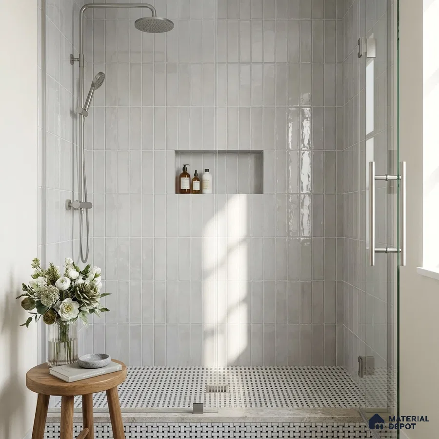 Modern Bathroom with Soft Grey Glossy Stacked Shower Tile and Mosaic Floor