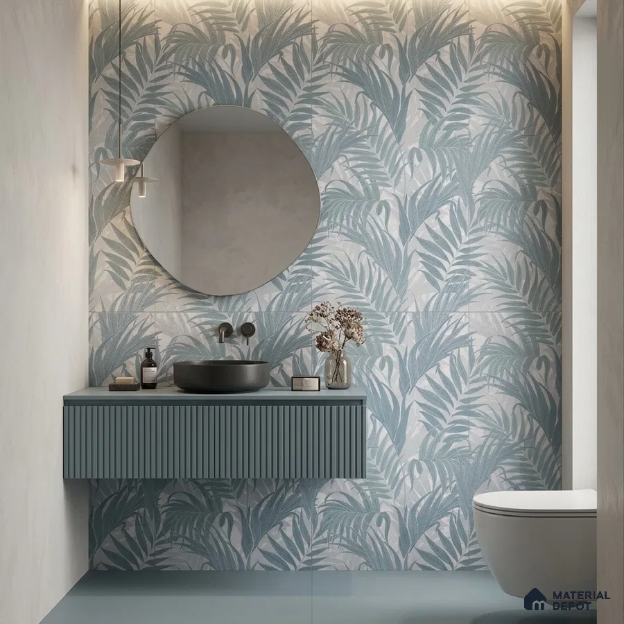 Modern bathroom with blue tropical leaf highlighter wall tile and fluted blue vanity