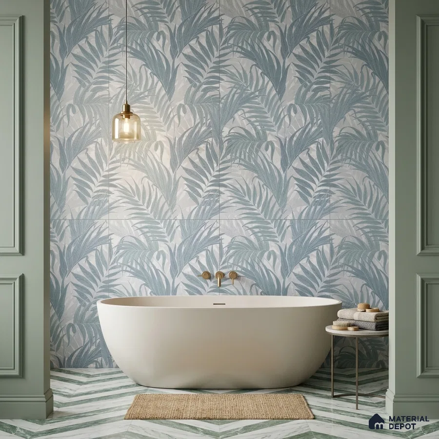 Modern bathroom with blue tropical leaf wall tiles and chevron patterned green and white floor tiles