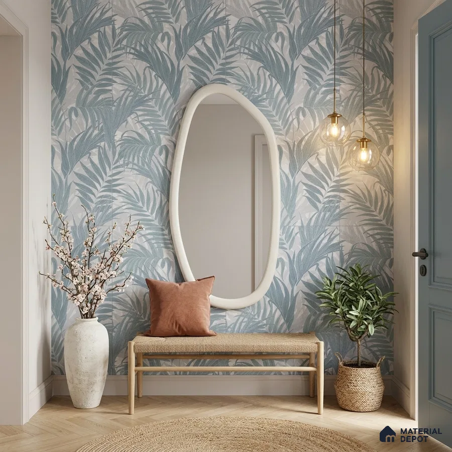 Scandinavian foyer with blue tropical tile, natural wood bench, and herringbone wooden flooring