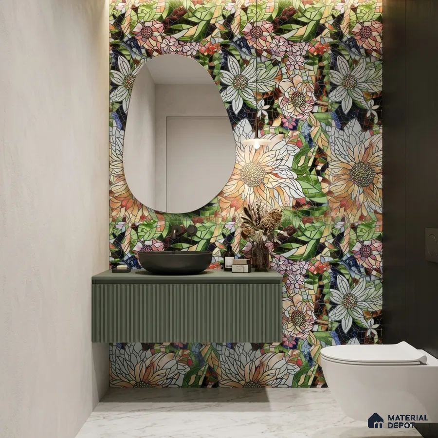 Eclectic bathroom with floral mosaic highlighter wall tile, olive green fluted vanity, and white marble floor tile