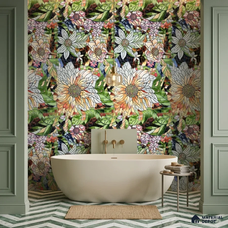 Eclectic bathroom with floral mosaic highlighter wall tiles and chevron marble floor tiles