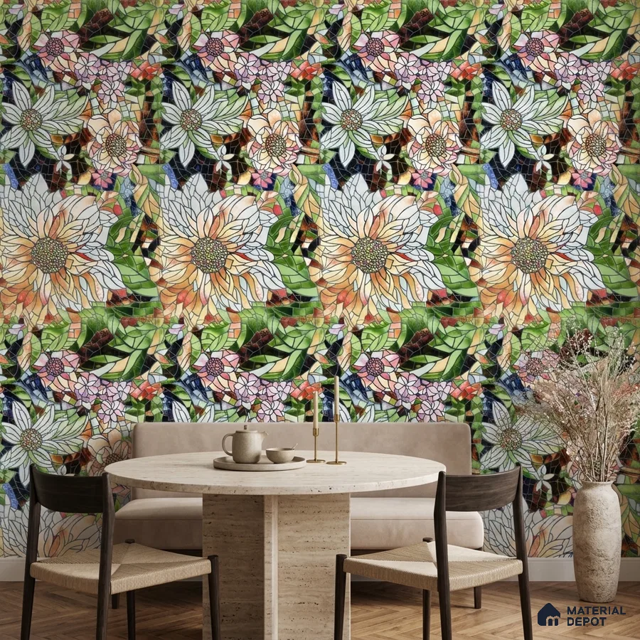 Eclectic dining room with floral mosaic tile and travertine dining table