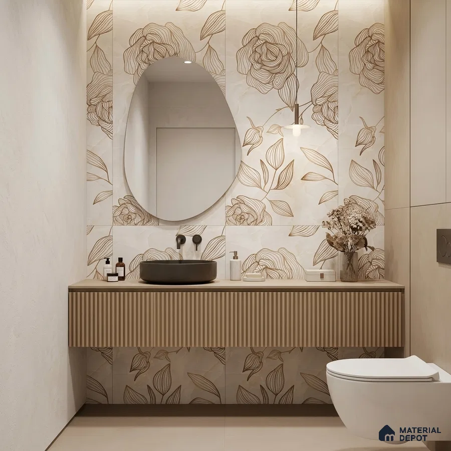Modern bathroom with floral patterned wall tiles and fluted beige vanity laminate