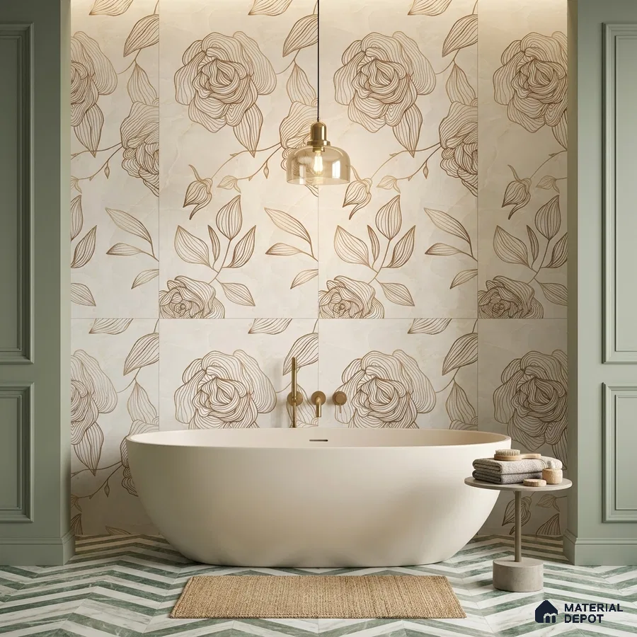 Modern bathroom with floral patterned wall tiles and chevron green marble floor tiles