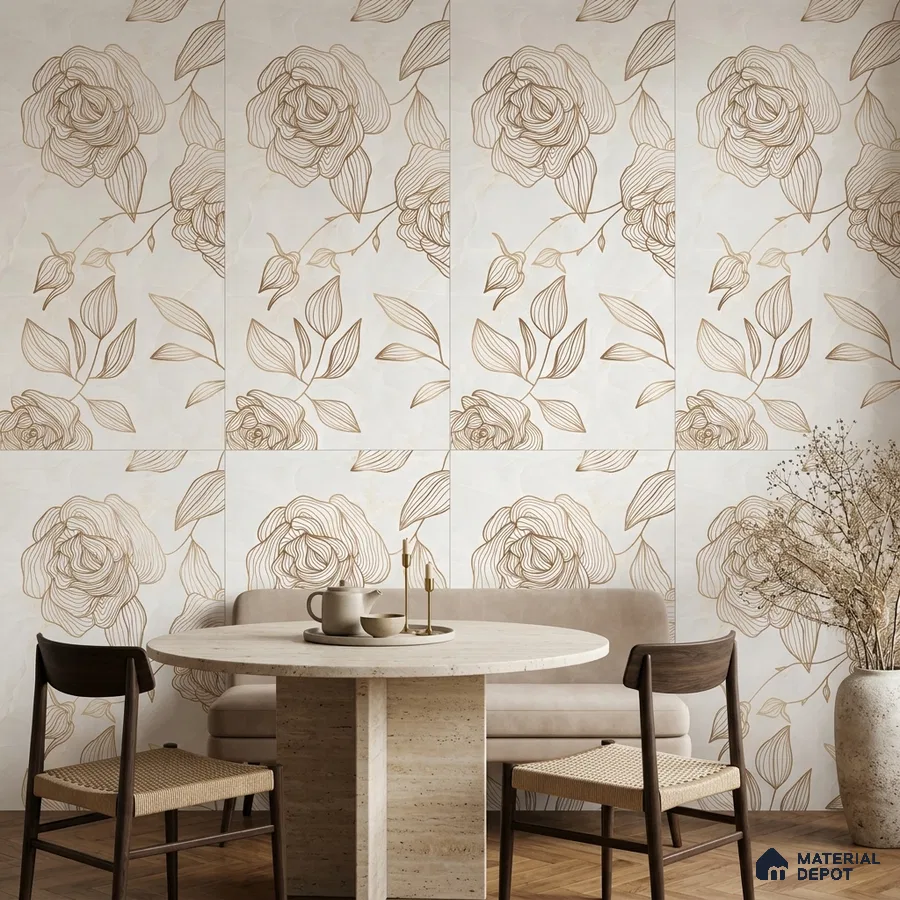 Scandinavian dining room with beige floral tile and travertine dining table