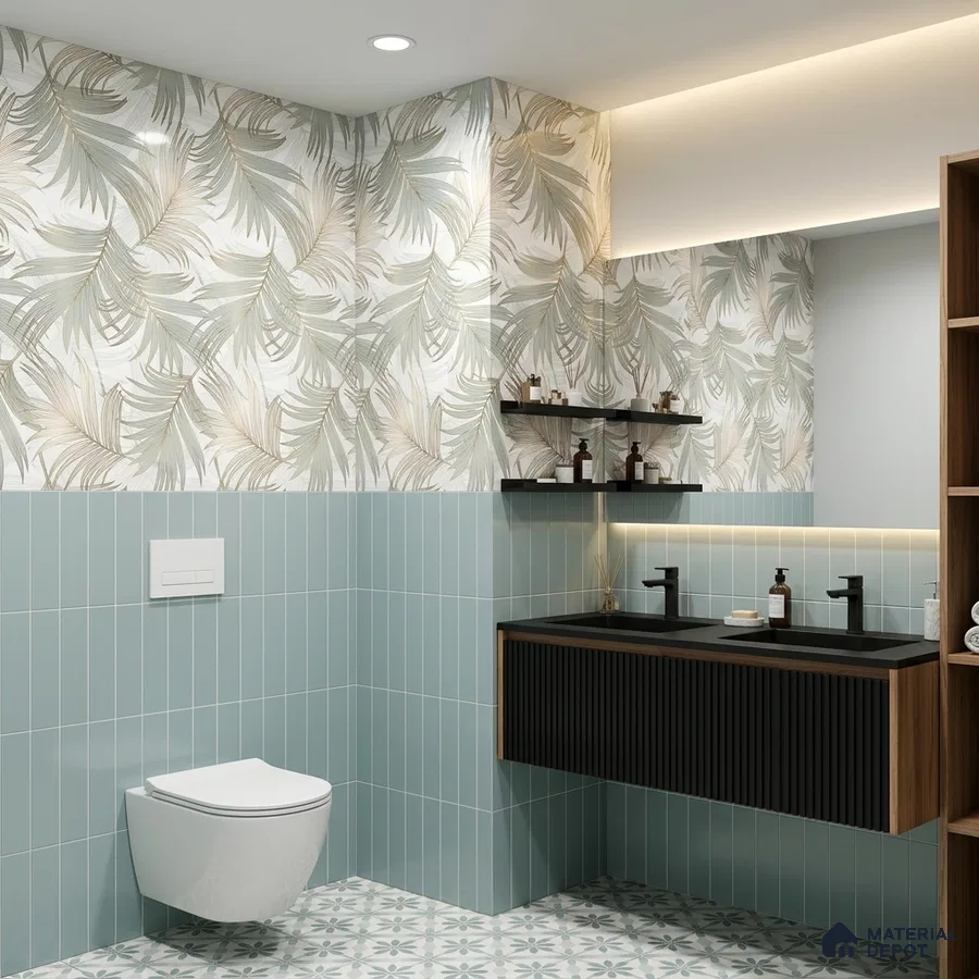 Modern bathroom with tropical leaf highlighter wall tiles, pastel blue subway wall tiles, and patterned floor tiles