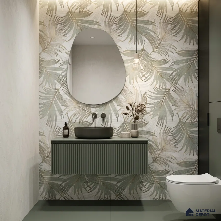Modern bathroom with tropical leaf patterned wall tile and sage green fluted vanity