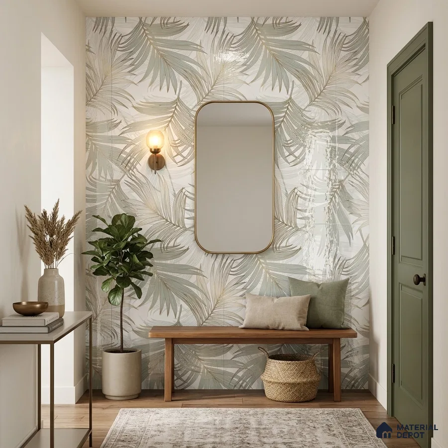 Scandinavian foyer with tropical patterned tile and natural wood bench