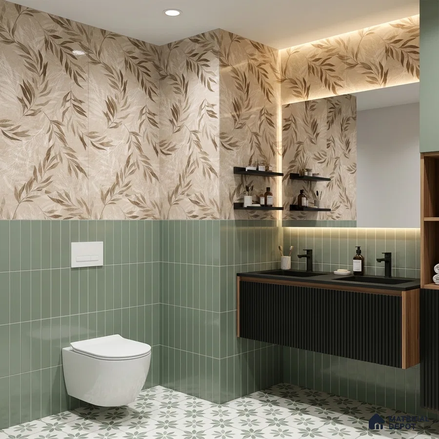 Modern bathroom with sage green vertical subway wall tiles, beige floral highlighter wall tiles, and patterned floor tiles