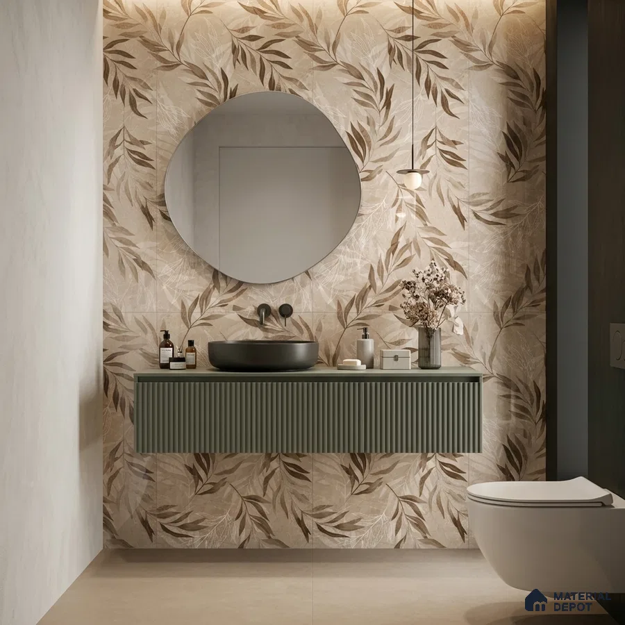 Modern bathroom with beige floral wall tiles and sage green fluted vanity laminate