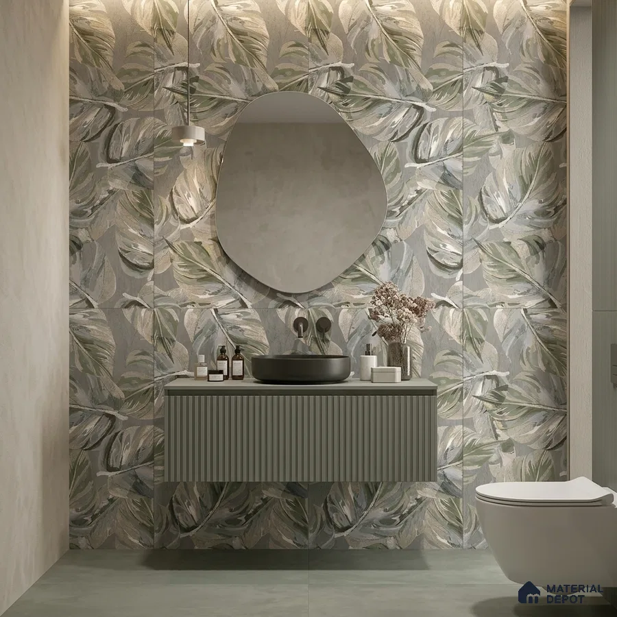 Modern bathroom with tropical leaf highlighter wall tiles and sage green fluted vanity