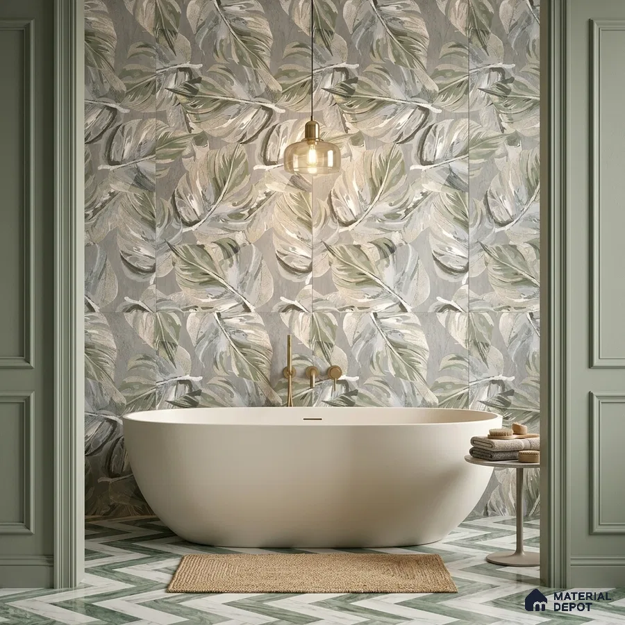 Modern bathroom with tropical leaf patterned wall tiles and green chevron floor tiles