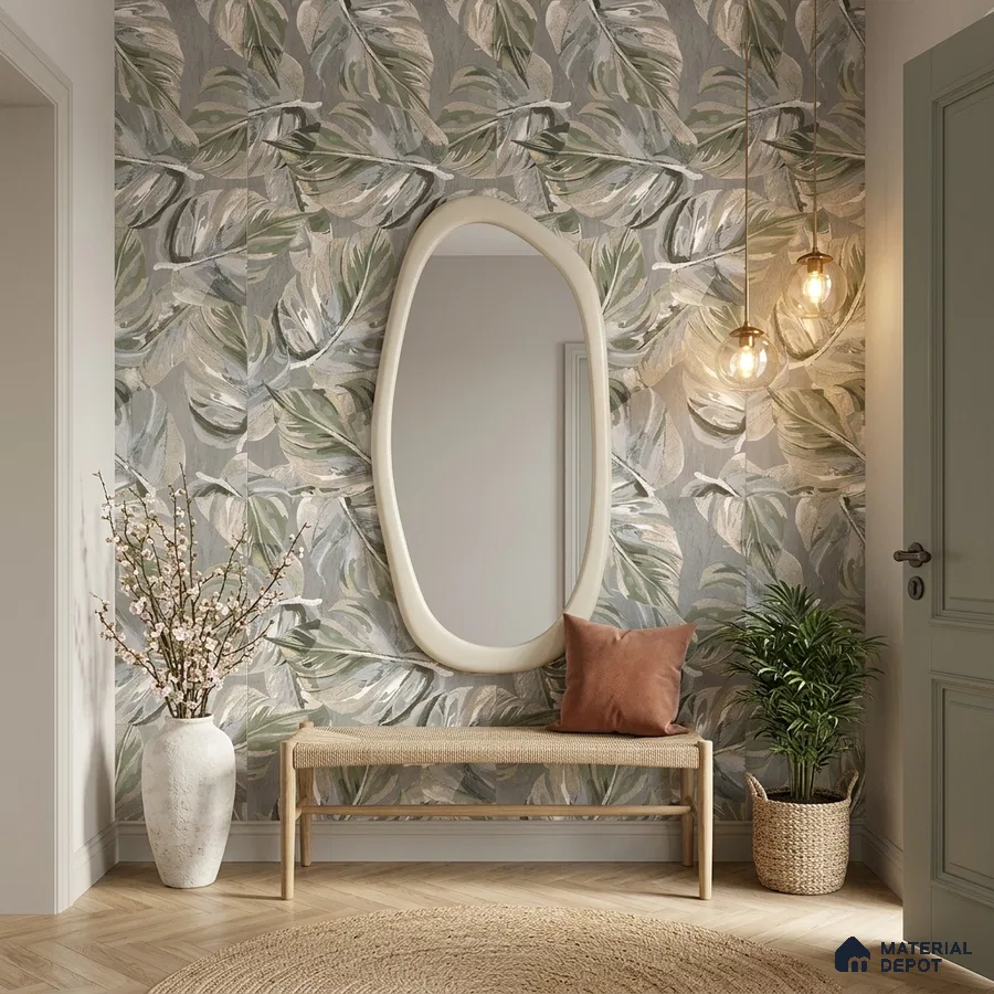 Scandinavian foyer with tropical patterned tile and natural wood bench