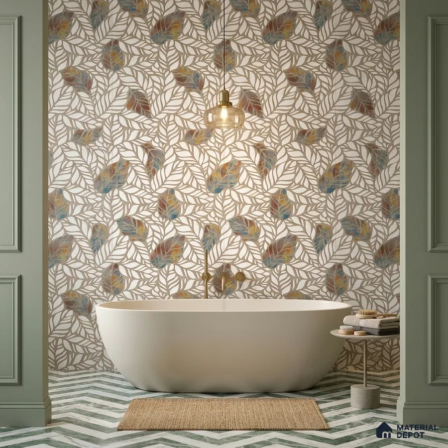 Modern bathroom with botanical patterned wall tile and chevron marble floor tile