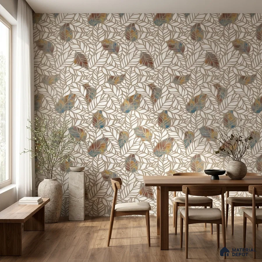 Scandinavian dining room with leaf-patterned tile and natural wood flooring