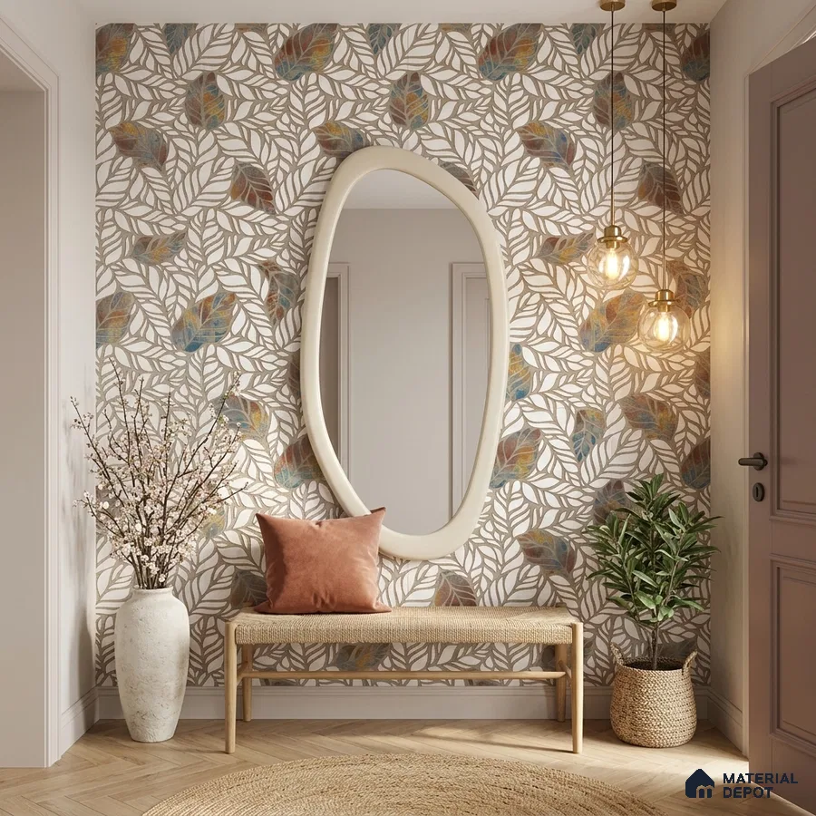 Modern foyer with floral patterned tile, light wood bench, and herringbone wooden flooring