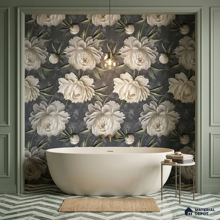 Modern bathroom with floral tile accent wall and chevron green-and-white floor tile