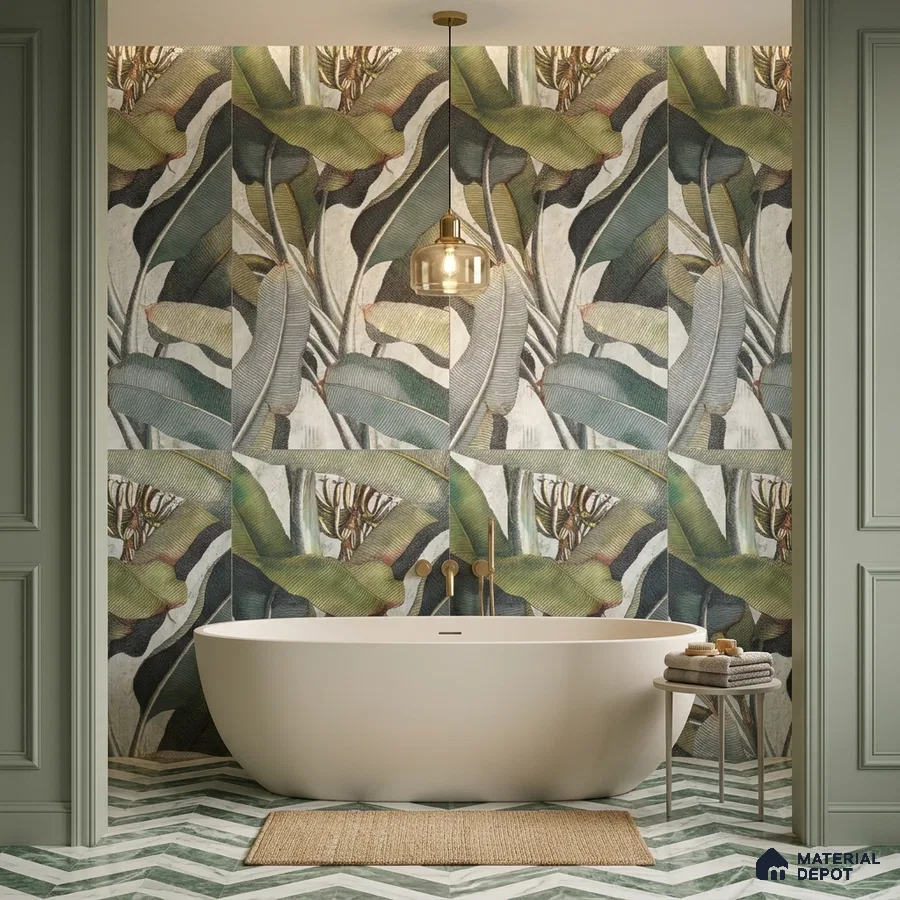 Modern bathroom with tropical leaf highlighter wall tiles and green chevron floor tiles