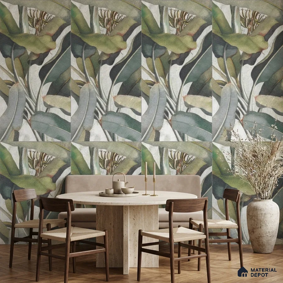 Scandinavian dining room with tropical tile, travertine table, and wooden chairs
