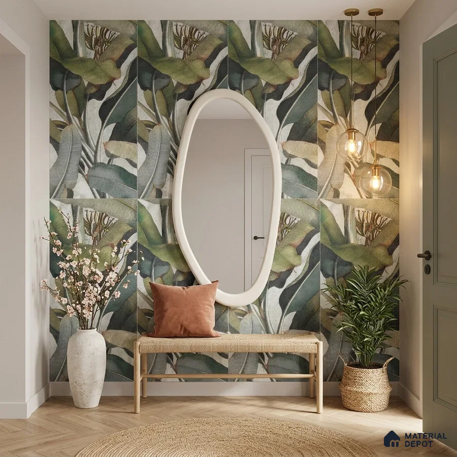 Modern foyer with tropical tile, natural wood bench, and herringbone wooden flooring