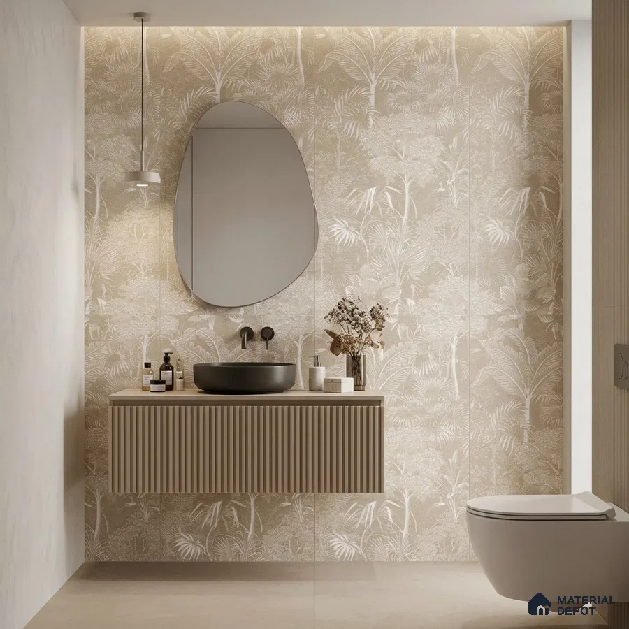 Japandi bathroom with beige tropical patterned wall tiles and fluted vanity laminate