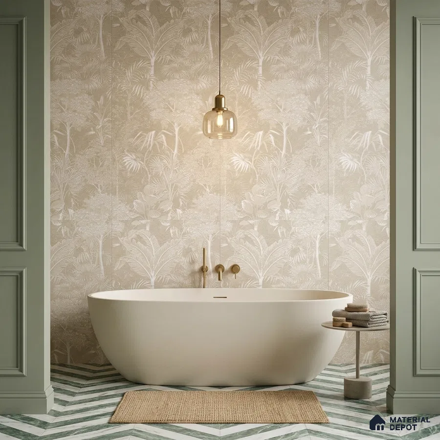 Scandinavian bathroom with beige tropical tile and chevron green-and-white floor tiles