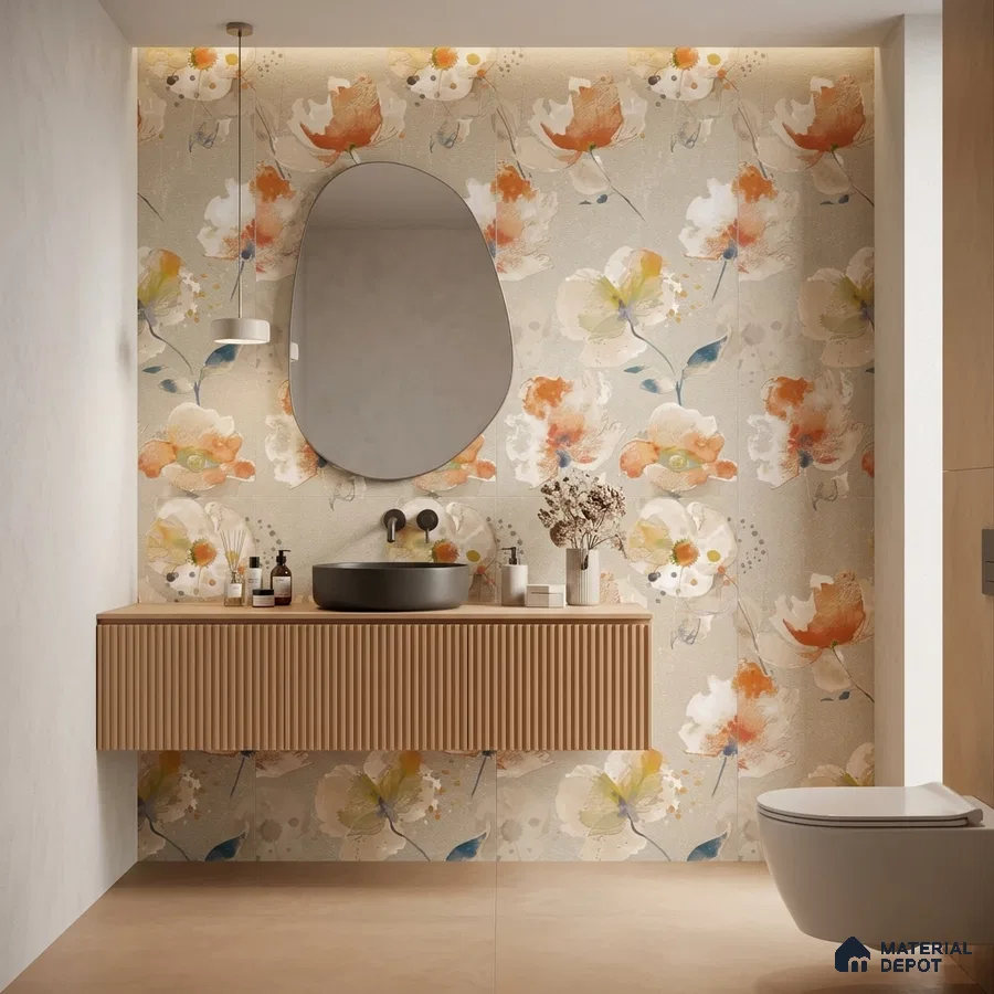 Modern bathroom with floral tile, fluted wood vanity, and beige floor tiles